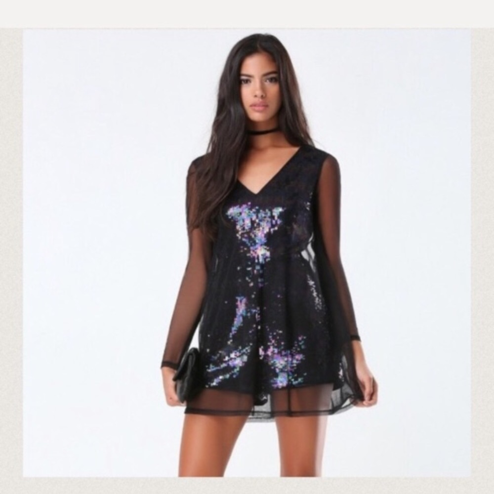 bebe multi colored Sequin romper with Sewn on mesh cover up.